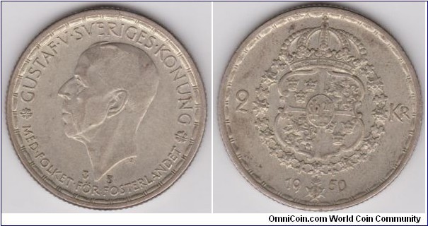 1950-TS Sweden 2 Kronor Overdate ( 9 is very clear), Silver, Weight-14 g, Diameter -31 mm,Thickness 2.25 mm