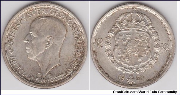 1950-TS Sweden 2 Kronor Overdate ( 19 is very clear), Silver, Weight-14 g, Diameter -31 mm,Thickness 2.25 mm