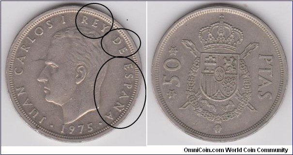 1975 Spain 50 Ptas DDO Obverse (REY DE ESPANA) 