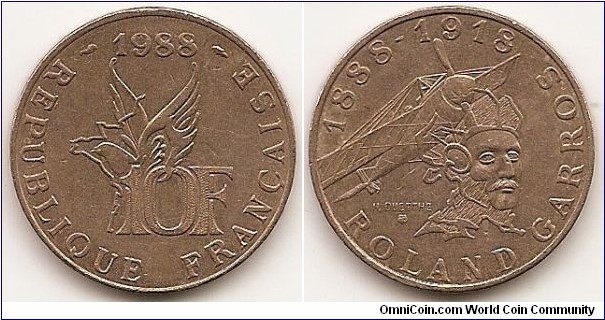 10 Francs
KM#965
Aluminum-Bronze, 26 mm. Subject: 100th Anniversary - Birth of Roland Garros Obv: Denomination below wings Rev: Dates and plane above head right Designer: H. Duetthe