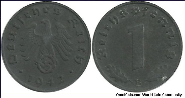 DeutschesReich 1 Reichspfennig 1942B - Mintmark 