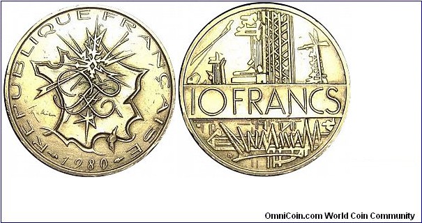 10 francs 1980 10gr Nickel-Brass, Mint.80.000.000
