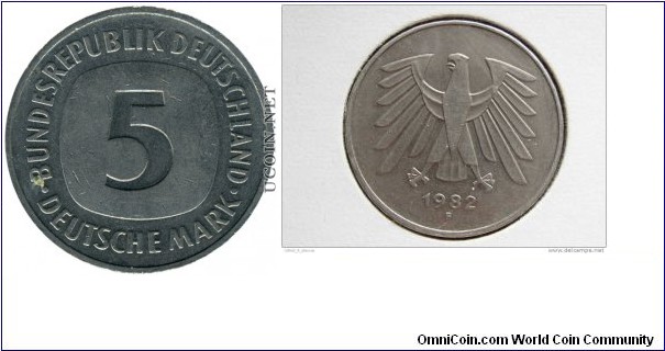 5 Deutsche Mark 1982 F Mint mark