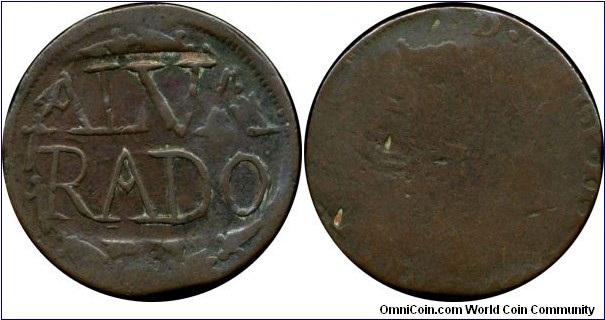 Veracruz state, Alvarado quarter real token, N.D. (ca. 1830). ALVA/RADO, rev. Blank. 27mm, copper. Plate coin in Latin American Tokens catalog.
