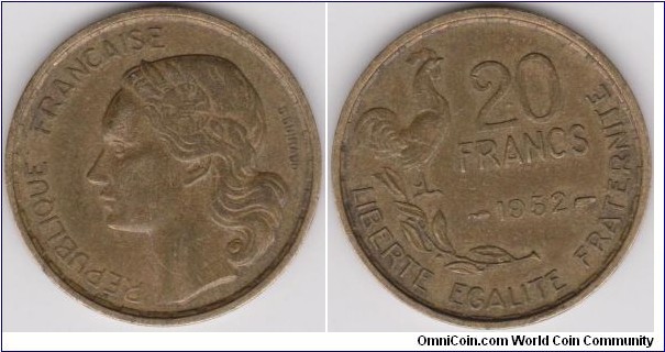 20 Francs France 1952 ROOSTER with 4 PLUMES, four curved feathers ~ SCARCE