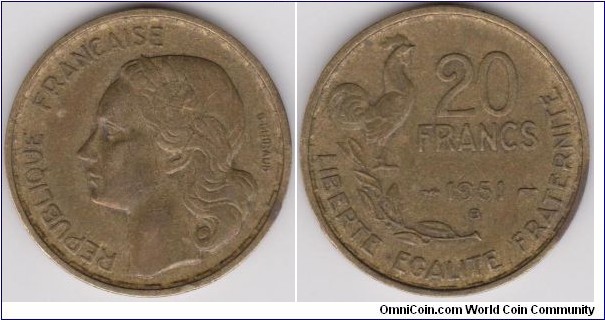 20 Francs France 1951-B ROOSTER with 4 PLUMES, four curved feathers ~ SCARCE