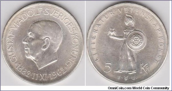 5 Kronor Sweden 1962 - Gustaf VI Adolf 80th Birthday, Silver (.400) – 18 g – ø 34 mm. RARE