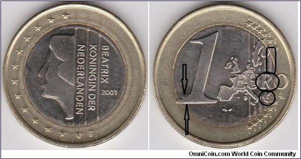 1 Euro 2001 Netherlands Doubled Die Reverse ( R ), CUD, extra metal at bottom of 1. 