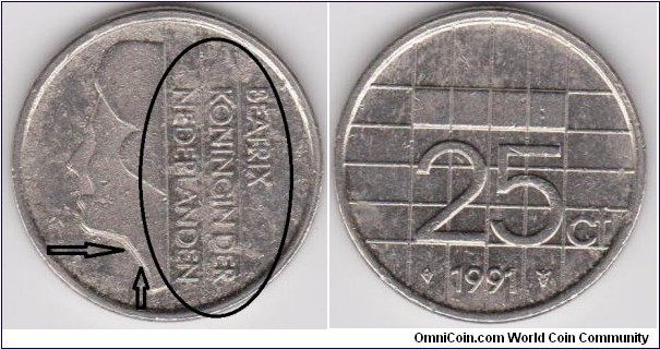 25 Cent Cent 1991 Netherlands Doubled Die Obverse (BEATRIX KONINGIN DER NEDERLANDEN and  face with extra layer) 