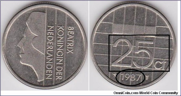 25 Cent 1987 Netherlands Doubled Die Reverse (25 CT and 1987) 