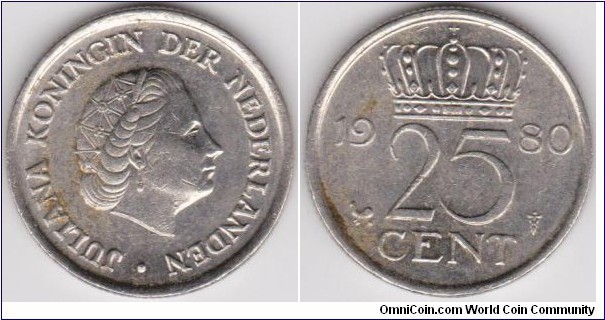 25 Cent 1980 Netherlands Doubled Die Obverse (JULIANA KONINGIN DER NEDERLANDEN)  