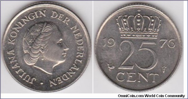 25 Cent 1976 Netherlands Doubled Die Obverse 