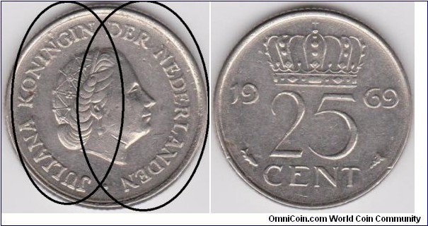 25 Cent 1969 Netherlands Doubled Die Obverse (JULIANA KONINGIN DER NEDERLANDEN are DD )