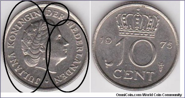 10 Cent 1975 Netherlands Doubled Die Obverse (JULIANA KONINGIN DER NEDERLANDEN ) 