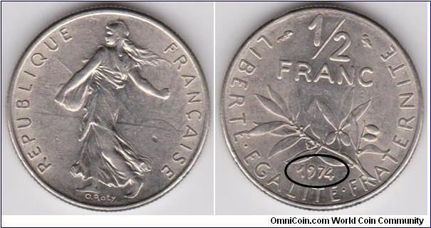 Half Franc France Mint Error DD date (1974) 