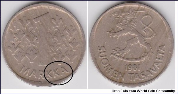 1 Markka 1981 Finland Mint Error (KKA)