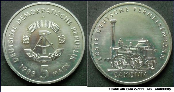 GDR (East Germany) 5 mark. 1988, 150th Anniversary of the first railroad in Germany. Locomotive SAXONIA.