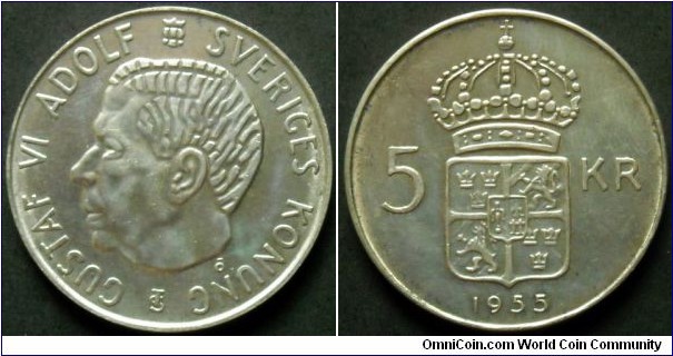 Sweden 5 kronor.
1955, King Gustaf VI Adolf. Ag 400