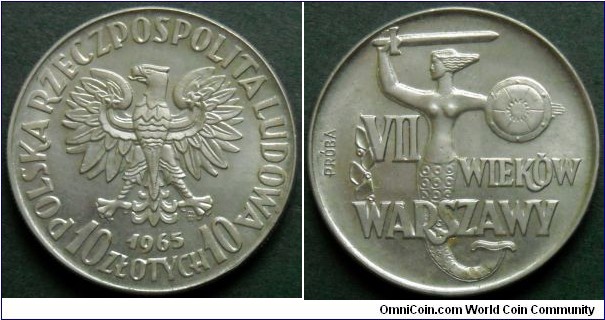 Poland 10 zlotych.
1965, 7 centuries of Warsaw. Cu-ni. Trial coin.