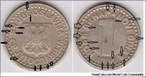 1 Novi Dinar Mint Error 1996 Yugoslavia ( CUD, extra metal both Obverse and Reverse )