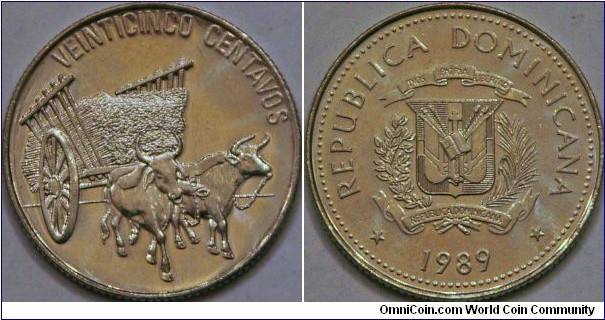 25 Centavos, with ox drawn cart carrying sugar cane. 24 mm, Steel