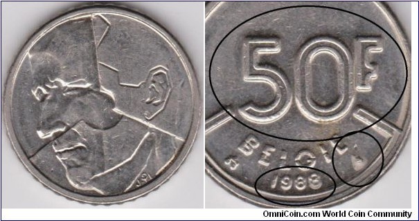 50 Francs Doubled Struck Reverse (50 F, Date and Angel DD) 1988 Belgium 