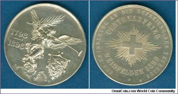 1898 Swiss 1798-1898 Thurgau Jahrhundertfeier Thurgau Medal. Silver 36MM,/24.5 gm.  
