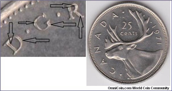 25 Cents Mint Error DDO ( D.G.REGINA is clear DD ) KM# 62b, Canada  1971 