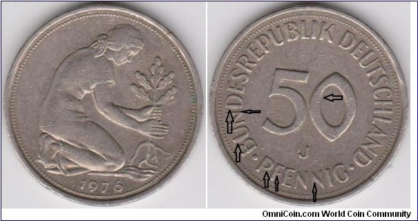 50 Phennig Doubled Die Reverse Germany 1976-J