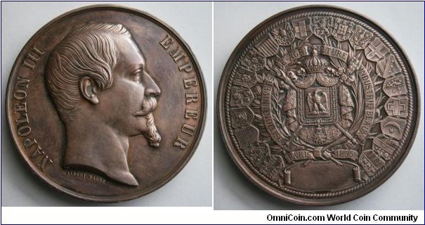 1855 Napoleon III Empereur Exposition Universelle Paris Medal by Albert Barre, Bronze 60 MM./105.4 gm.
