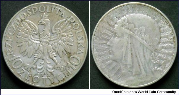 Poland 10 zlotych.
1933, Ag 750. Weight; 22g.
Diameter; 34mm.
Mintage: 2.800.000 units.