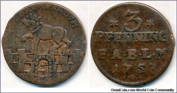 Anhalt-bernburg Viktor II Friedrich, 3 Pfennig (3 Pfenning), 1753. 6.64g, 24.11mm, Copper.