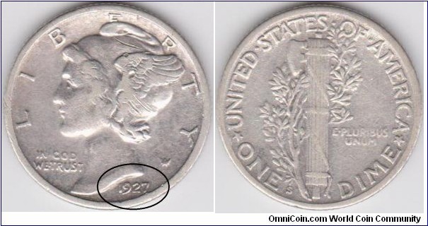 1927-S Dime Mint Error Overdate