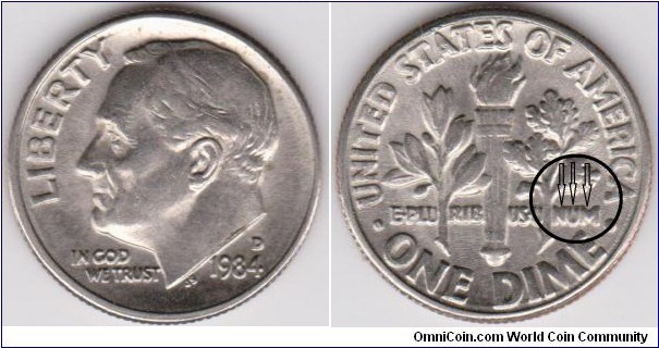 10 Cents 1984-D Mint Error Reverse Over-Repunched 