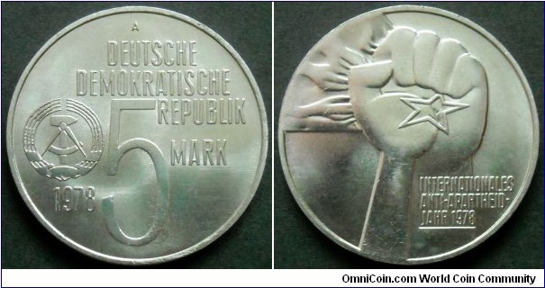 GDR (East Germany) 5 mark. 1978, International Anti-Apartheid Year.