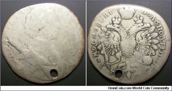 Russia 1713 polpoltinnik (Moscow mint). Worn on the portrait side and holed but scarce in any condition. Weight: 6.22g. 