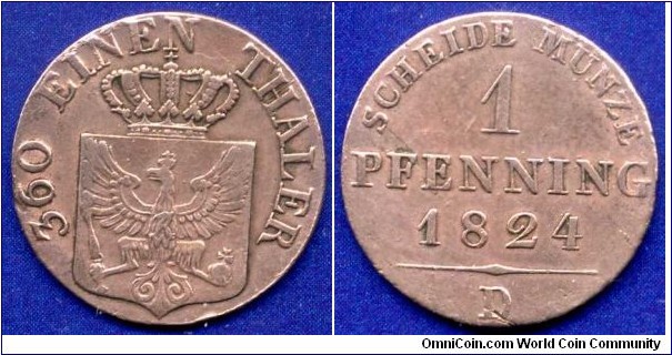 1 pfenning.
Kingdom of Prussia.
Fridedrich Wilhelm III (1797-1840).
*D* - Aurich mint.


Cu.