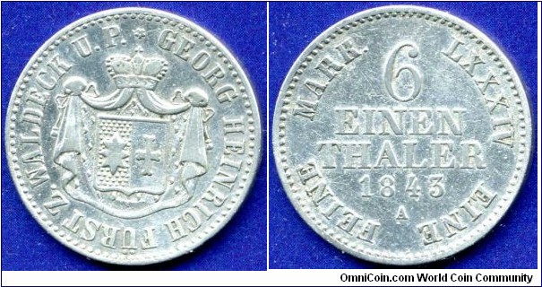 1/6 Thaler.
Waldeck-Pirmont.
Georg Henrich (1815-1845).
Hannover mint.
Mintage 38,000 units.


Ag520f. 5,34gr.