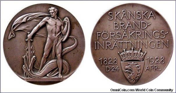 1928 Sweden King Gustav V. Scania Fire Insurance Art Nouveau Medal by Erik Linberg. 50MM./51.72 gm.
