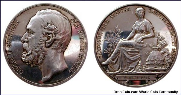 1886 Sweden Oskar II  Sixteenth All-Sweden Agricultural Congress Medal by Adolf Lindberg. Silver 58MM.