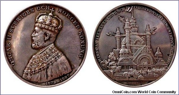 1897 Sweden Oskar II Industrial Exhibition in Stockholm Medal by Lea Ahlborn. Silver 45MM
Obv: King Oscar II head faced right. Rev: shows Hall of Industry 