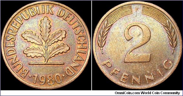 Germany - Federal Republic - 2 Pfennig - 1980 - Weight 2,9 gr - Copper plated steel - Size 19,25 - Thickness 1,48 mm - Alignment Medal (0°) - President / Karl Carstens (1979-84) - Designer / Adolf Jäger - Mintmark 