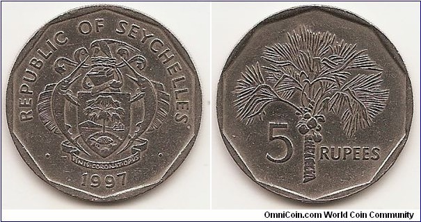 5 Rupees
KM#51.2
9.0000 g., Copper-Nickel, 29 mm. Obv: Altered arms Rev: Fruit tree divides value Rev. Designer: Frederick Mogford Edge: Reeded