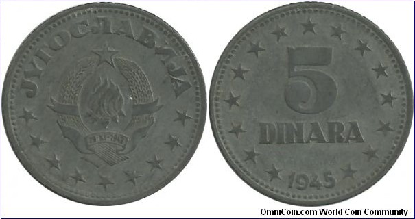 Yugoslavia 5 Dinara 1945