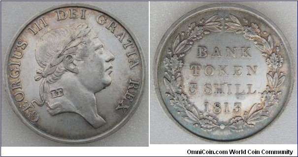1813 Great Britian George III Bank Token 3 Shilling. Silver 35MM./14.7gm.
