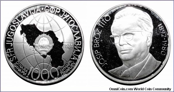 YUGOSLAVIA (SOCIALIST FEDERAL REPUBLIC)~1,000 Dinara (Proof) 1980. Silver proof: Death of Josip Broz Tito