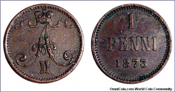 FINLAND (GRAND DUCHY)~1 Penni 1873. Under Tsar: Alexander Romanov II of Russian Empire