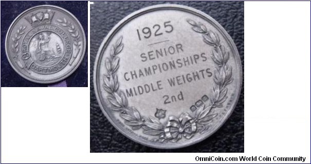 1925 UK Royal Naval College Dartmouth Meda Middle Weight Medal.  Silver 39MM.
