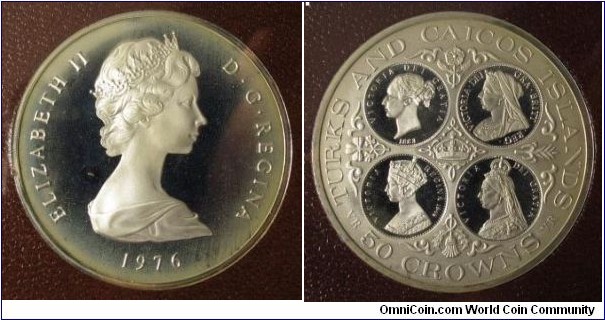 1976 Turks & Caicos Island Elizabeth II 50 Crown Silver.  Proof Coin. 52MM.
