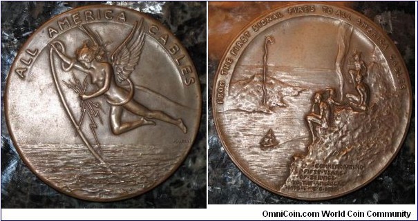 1928 USA All American Cables Medal by Julio Kilenyi & strunk by Whitehead & Hoag of Newark. Bronze 83MM./212 gm.Obv. Winged sprite over ocean with lightning and cable. Rev: Indians on seaside cliff send smoke signala across strait about sailing ship proceeding past.

Obv. Winged sprite over ocean with lightning and cable. Rev: Indians on seaside cliff send smoke signala across strait about sailing ship proceeding past.
